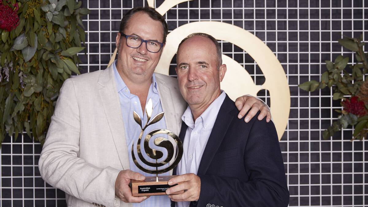 Arcadian Organic CEO Alister Ferguson and livestock department manager Peter Gall collect the award for certified organic food product of the year. Pictures supplied.