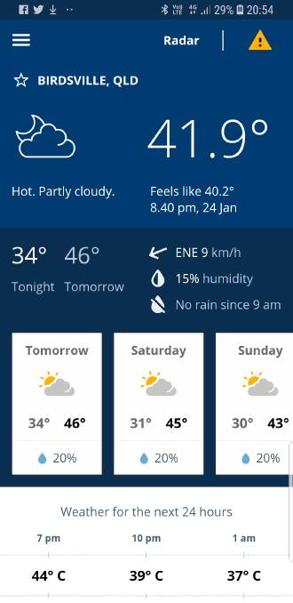 The temperature at 8.40pm at Birdsville on Thursday, January 24.