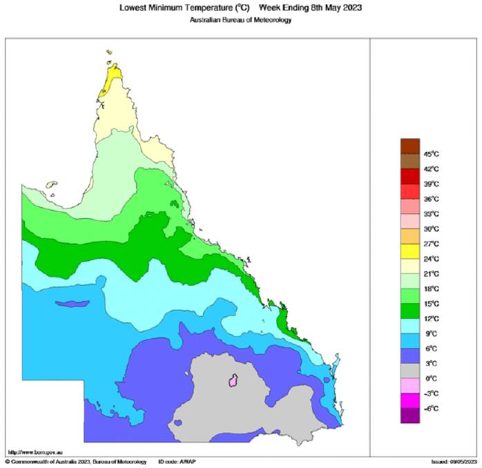 Weekly lowest minimum temperature for Queensland, for the week ending May 8. Source: Bureau of Meteorology