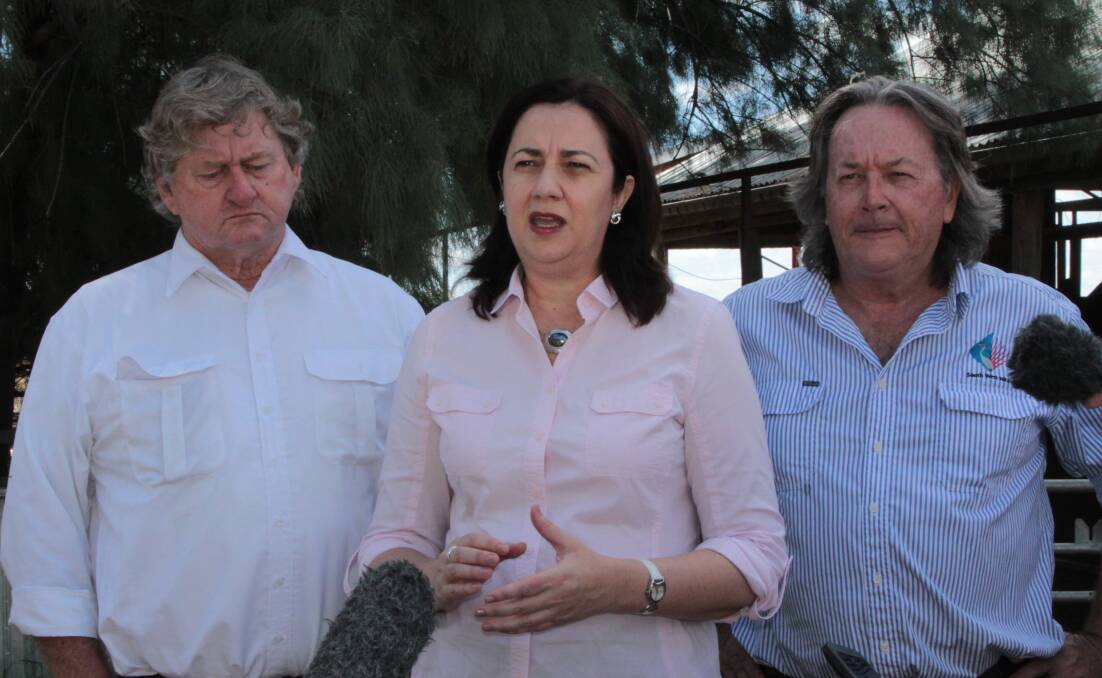 Premier Annastacia Palaszczuk announcing Vaughan Johnson and Mark O'Brien as wild dog commissioners in 2015. They are now working as drought commissioners for the Palaszczuk government. Picture by Sally Cripps.