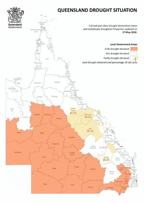 A map showing the drought status of Queensland shires in May 2018.