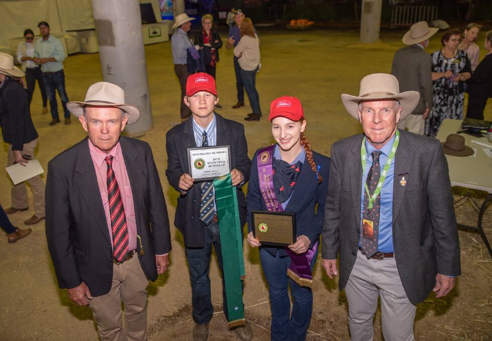 Young judges competition winner Sophie Mackay and runner-up Angus Haynes were congratulated by competition boss Blake Munro and over judge Steve Groom, JBS Brisbane.