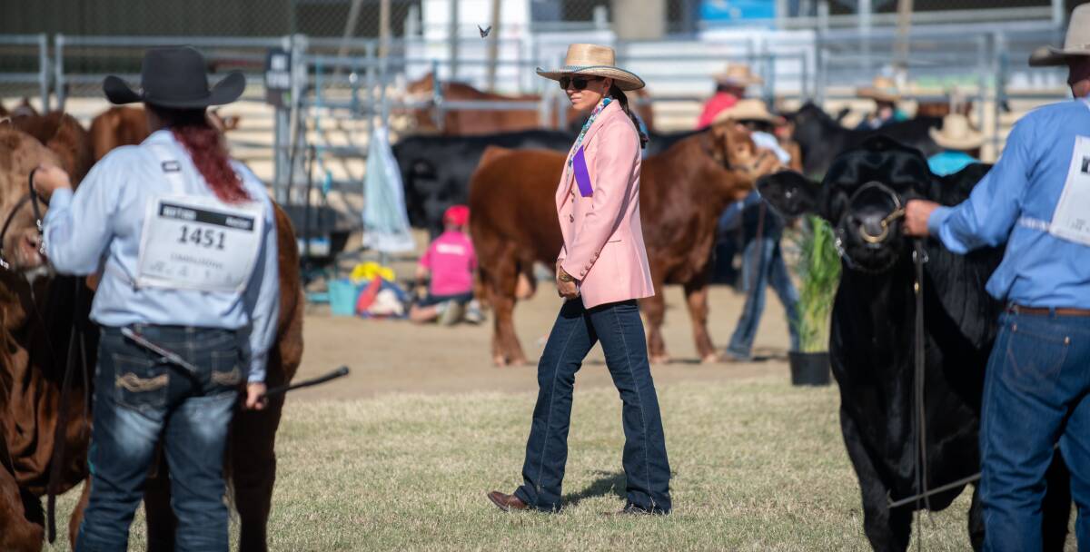 KEEN EYE: Cherie Gooding, Marlegoo Chatbrays, Biloela, appreciated her chance at judging Simmental and Simbrah cattle at Beef 2021. Photo: Emily Hurst