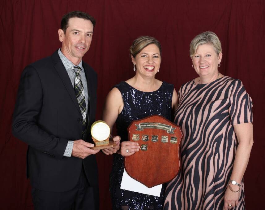 Cameron Geddes and Tracey Geddes, CT Farming, Emerald, were congratulated by Joanne Morrison, Louis Dreyfus Company, on one of their two major award wins. Photo: James Law