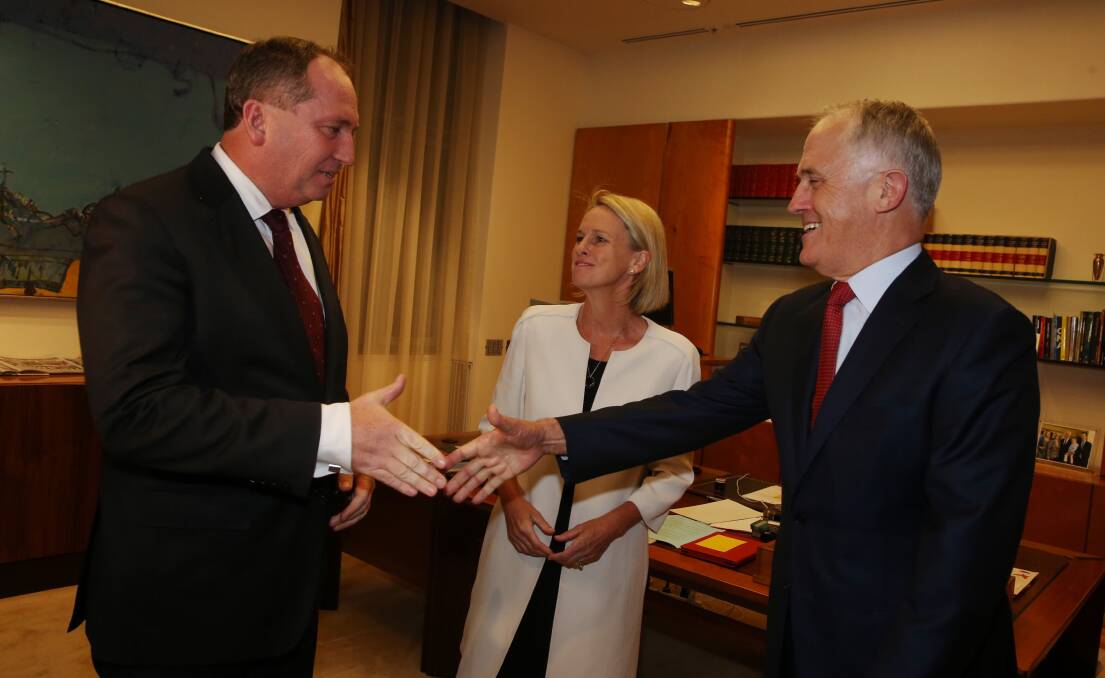 Shake on it: Barnaby Joyce and Fiona Nash headed to the Prime Minister's office to announce their leadership in February. 
