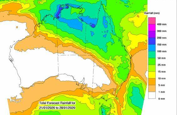 A BOM map showing total forecast rainfall for the eight days from January 21 to Jan 26. 