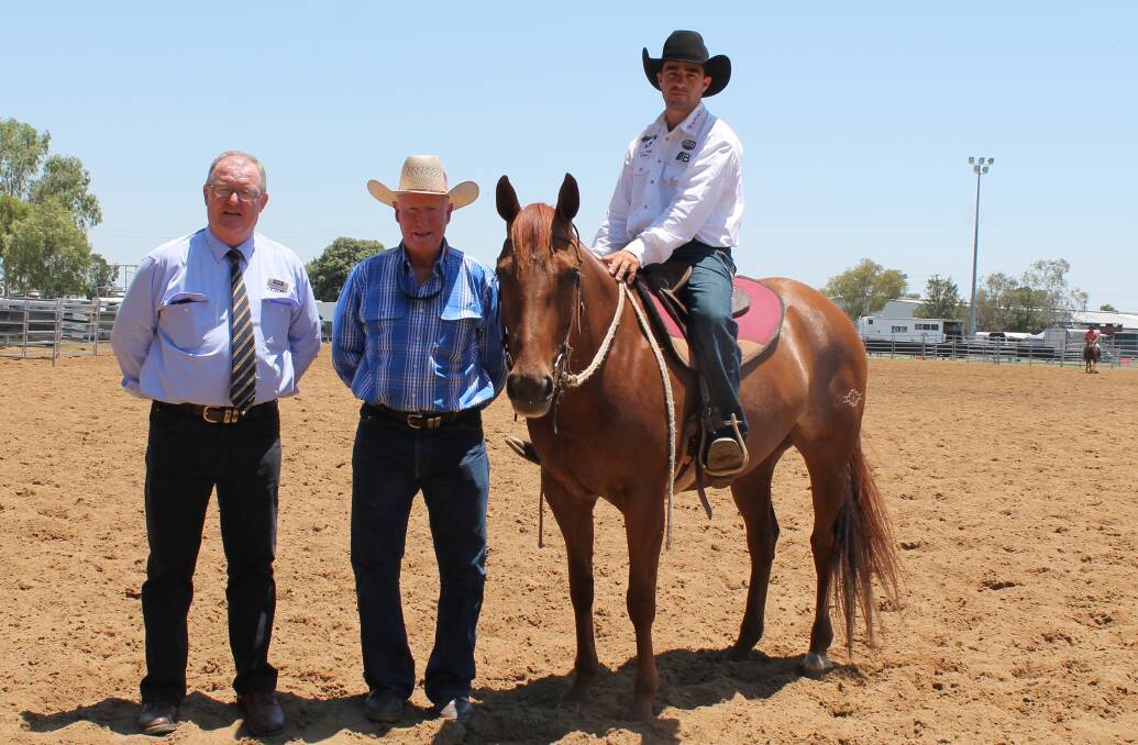 GDL's Harvey Weyman-Jones and buyer Rob Neilson with the $50,000 top--priced mare, ridden by Hugh Miles.