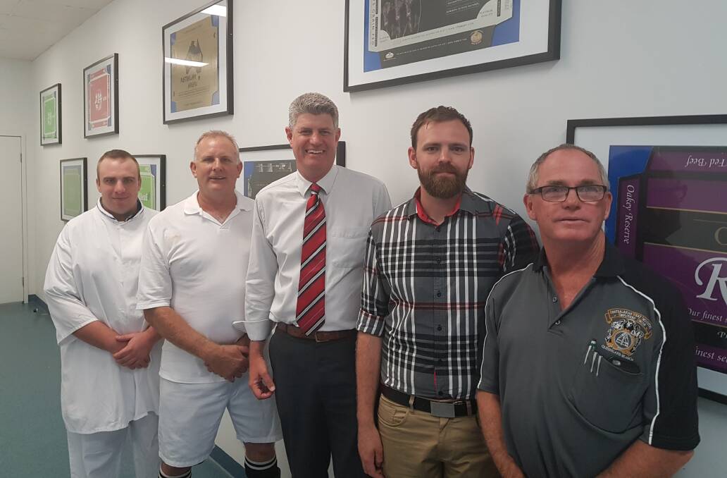 Oakey Exports workers Heath Lebsantf, Karl Bidgood and Ronnie Weston with Stirling Hinchcliffe MP and the ALP Candidate for Condamine, Brendan Haybregts.