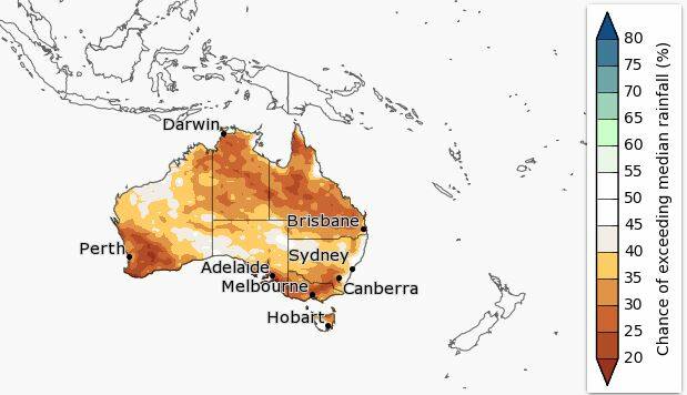 The chance of exceeding above average rainfall over the next three months. Source: The BoM 