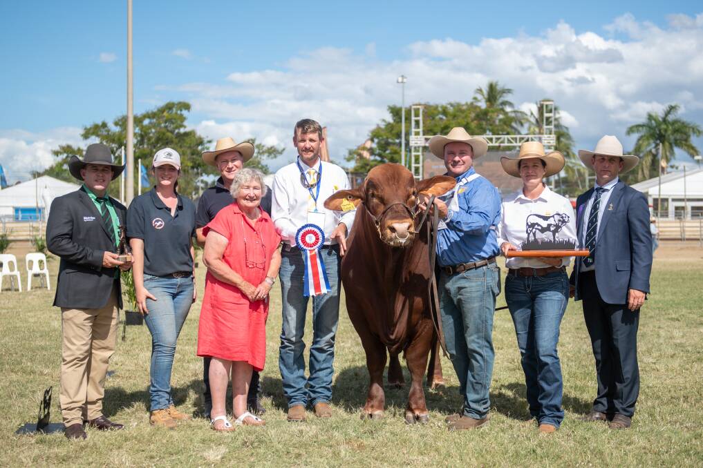 Dane Pearce, Nutrien Livestock, exhibitors Milly Smith, Elaine Lill and David McLean, sponsors Gary and Netty Wendt, Ray White Rural Gracemere, with the grand champion Brangus bull, Viamonte Red Endure Q001. Holding the bull was exhibitor Martin Lill with judge Ben Noller. Photo: Emily Hurst 