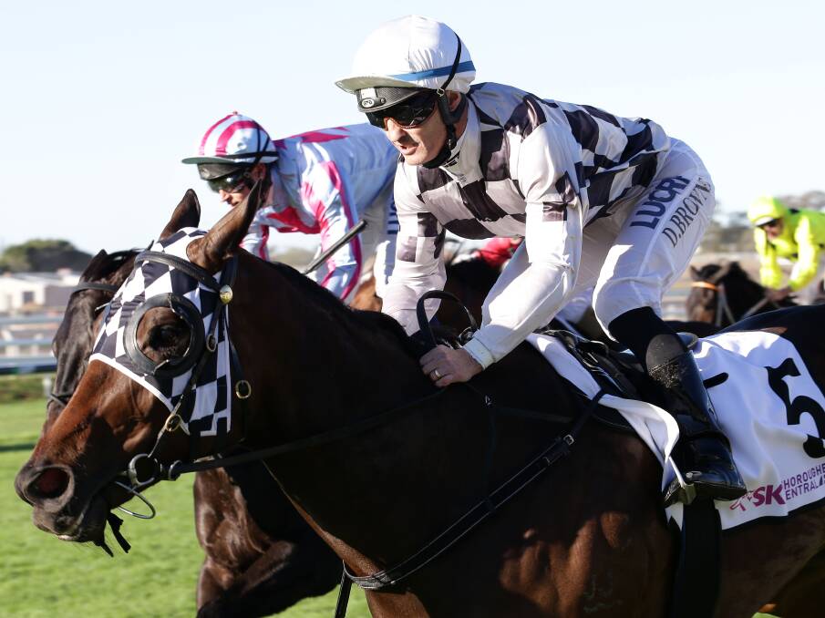 Damian Browne riding Miss Cover Girl, right, beats the favourite Azkadellia, left, in race 8, the Sky racing Tattersall's Club Tiara, at the Tattersall's Club Tiara Race Day, Eagle Farm race course, Brisbane, 25 June 2016. 