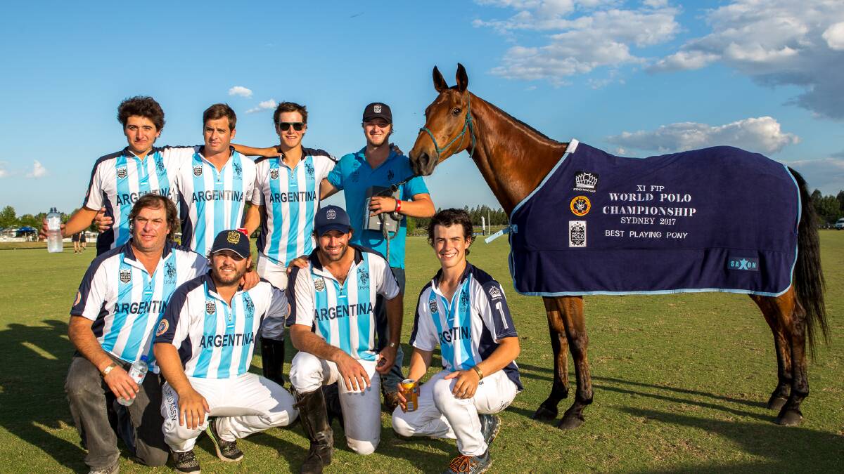 Clifton polo player, Jack Mantova, and his horse, Milo, who won the Best Playing Pony of the finals, with the Argentinian Polo team after their thrilling win in the World Polo Championships held in Sydney. Photo by Joe McNally.