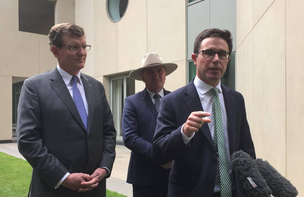 Agriculture Minister David Littleproud (right) speaking to media in Canberra earlier this month with NSW Nationals MP Andrew Gee and Deputy Prime Minister Barnaby Joyce.