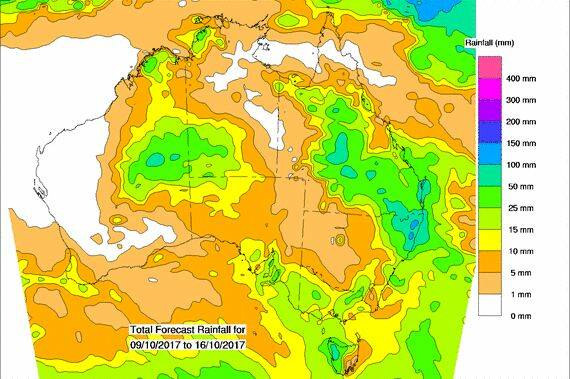 Map showing the forecast rainfall over Australia for eight days from Monday October 9. Source the BOM 