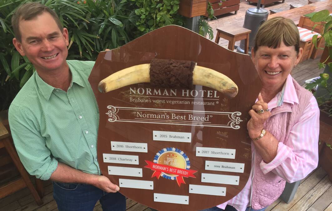 Reade Radel, Injune and Wendy Cole, Gracemere celebrate the Brahman win at the Norman Hotel, Brisbane.