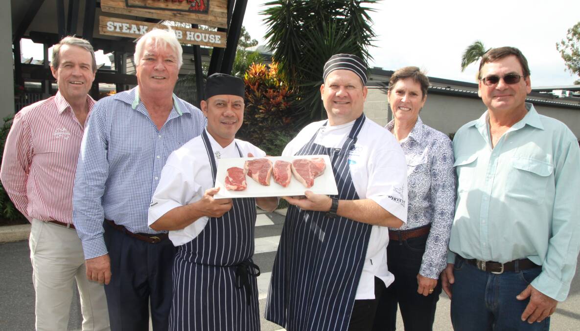 STEAK NIGHT: Enjoying the Droughtmaster cuts, from left, Neil Donaldson, Michael White, restaurant chefs and Roger and Jenny Underwood, Pine Hills, Wallumbilla.
