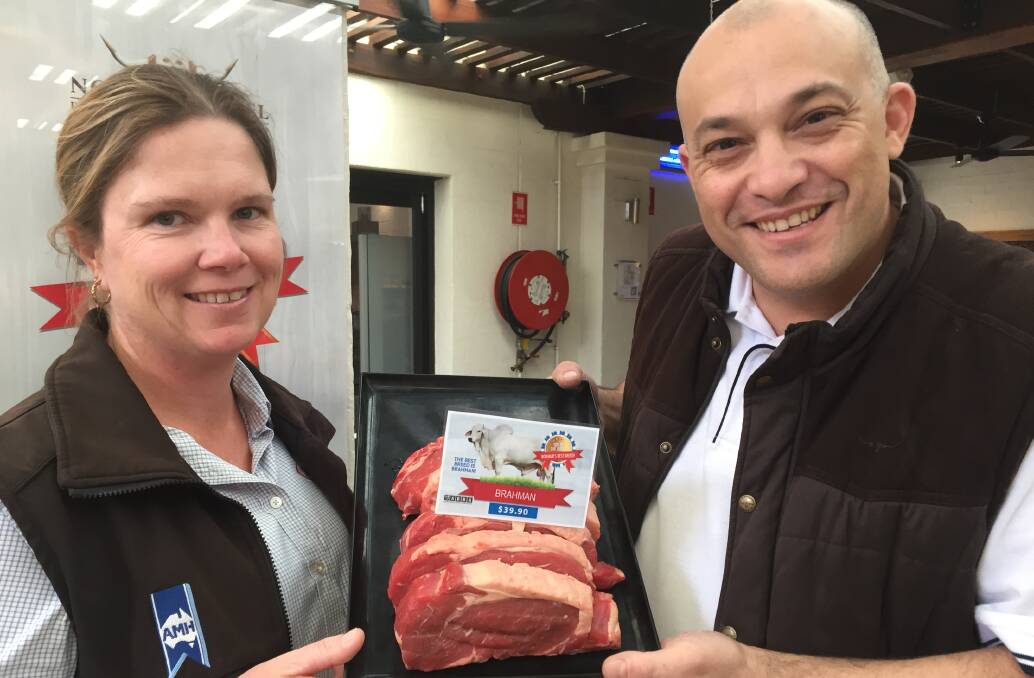 JBS premium programs manager Renae Taylor and Norman Hotel executive chef Frank Correnti with Brahman 300 gram sirloins prior to grilling.