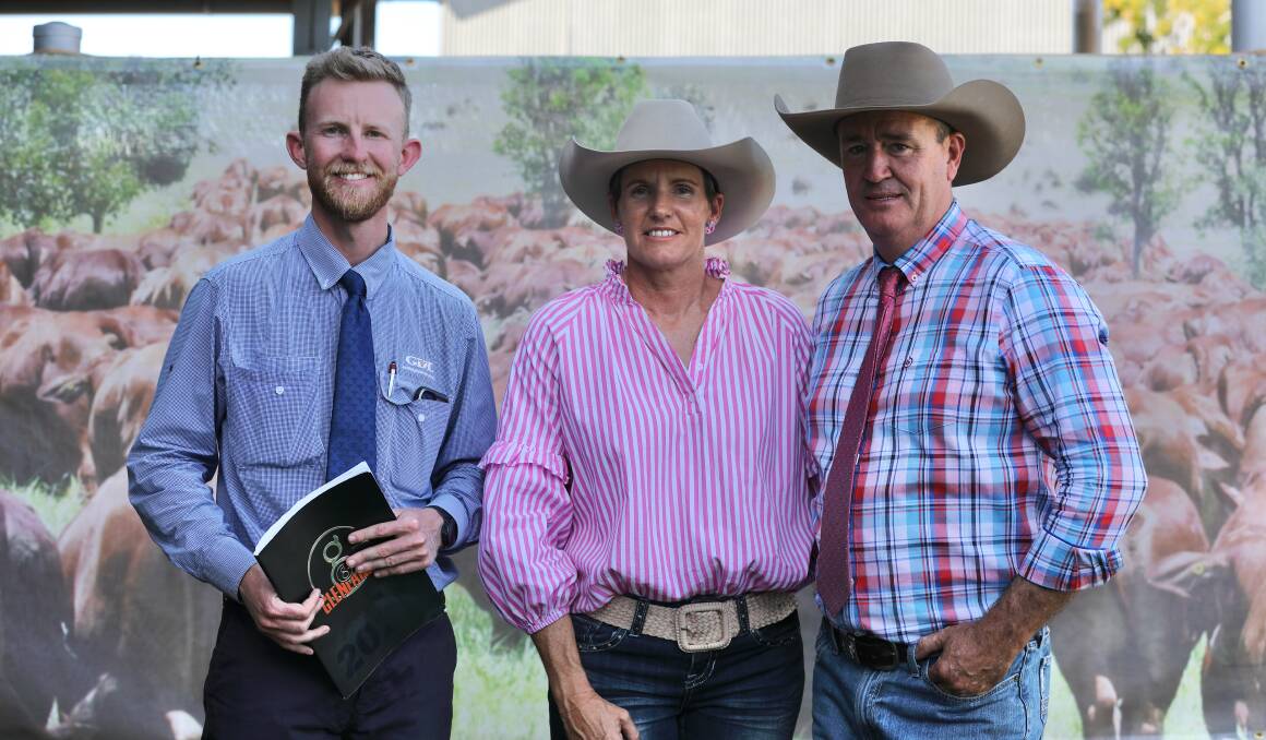 Simon Kinbacher, Garthowen stud, Biggenden outlaid $200,000 for the 18-month-old, Die Hard. Simon is with Helen and Daren Childs. 