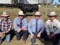 Buyer Paul Kipling, auctioneer Mark Duthie, GDL Dalby, GDL stud stock manager Harvey Weyman-Jones and vendor Andrew Raff with the top selling bull. Picture: Peter Lowe 