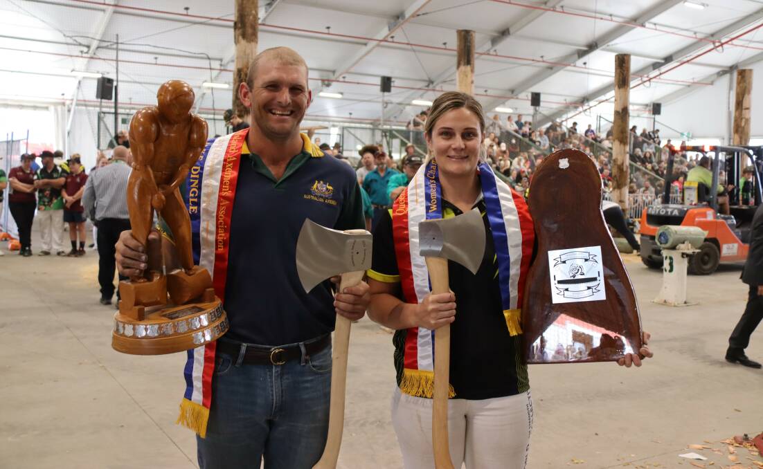 Mundubbera's Jake Dingle and Blackbutt's Anne Paterson were named the male and female Queensland champion of champion axemen at Ekka 2022. Picture: Head First Photos 