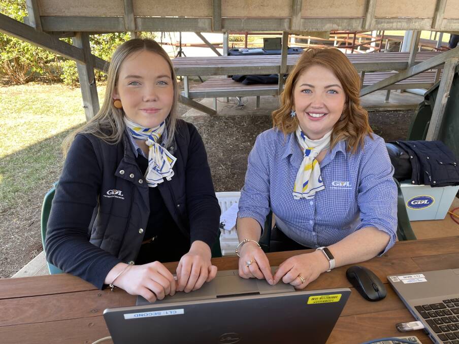 Katie Sloan and Nikita Duthie both of GDL Dalby working behind the scenes during the Raff Angus sale. Picture: Peter Lowe. 