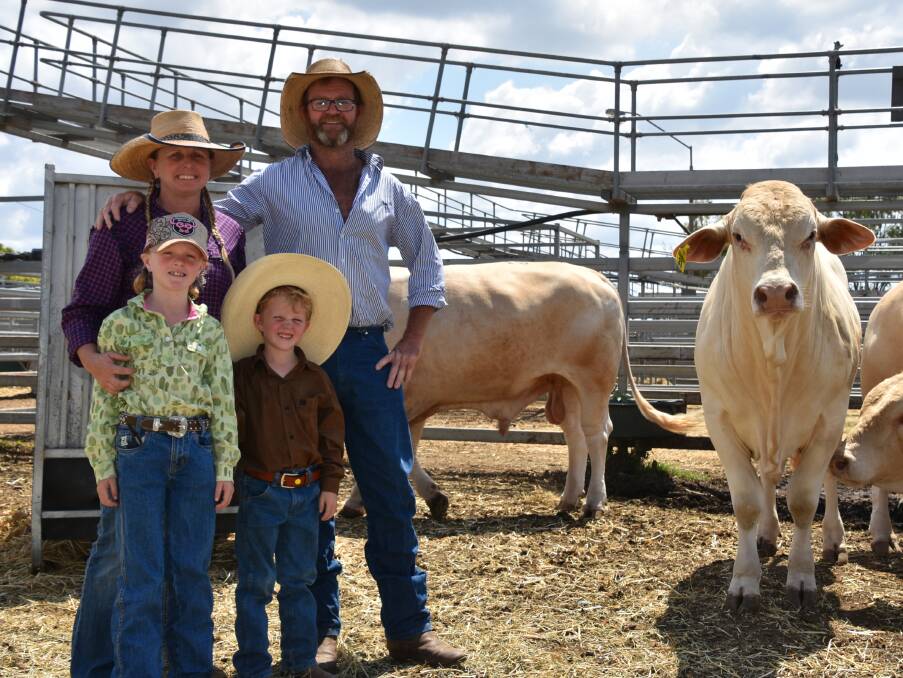 Gordon and Lana Stewart, GL Campbell & Co, Craigsland, Jambin, along with their children Matilda and Campbell and the draft of bulls they purchased at the National Charbray Sale. 