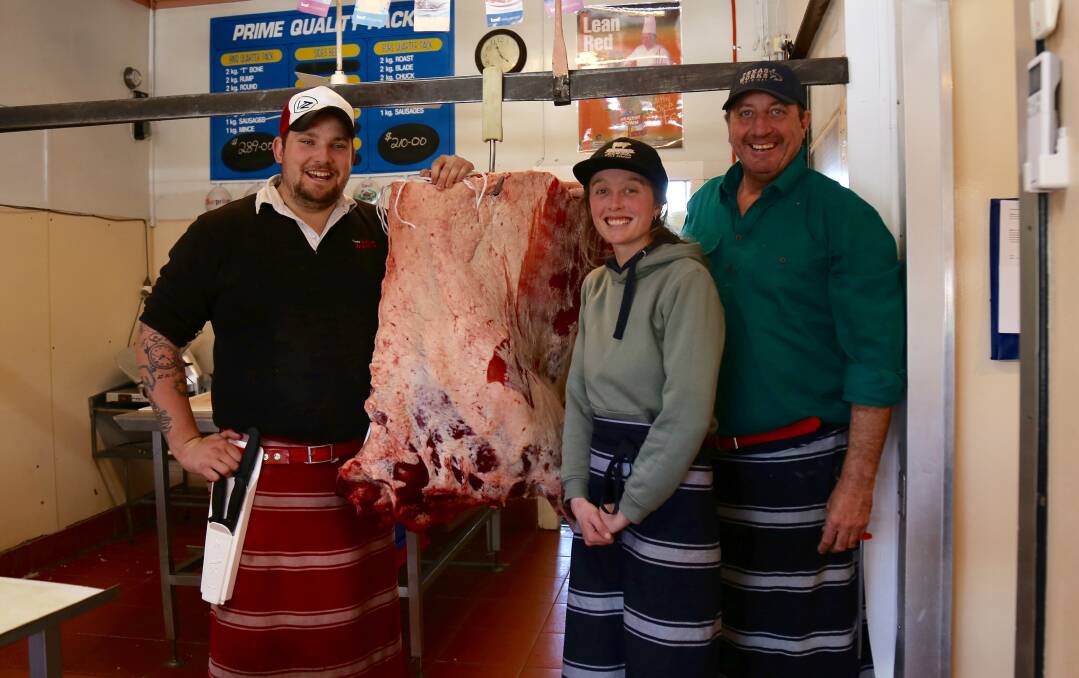 QUALITY MEAT: Texas Butchery head butcher Michael Schulz, apprentice butcher Brittany Whiteley with Greg Scurr.