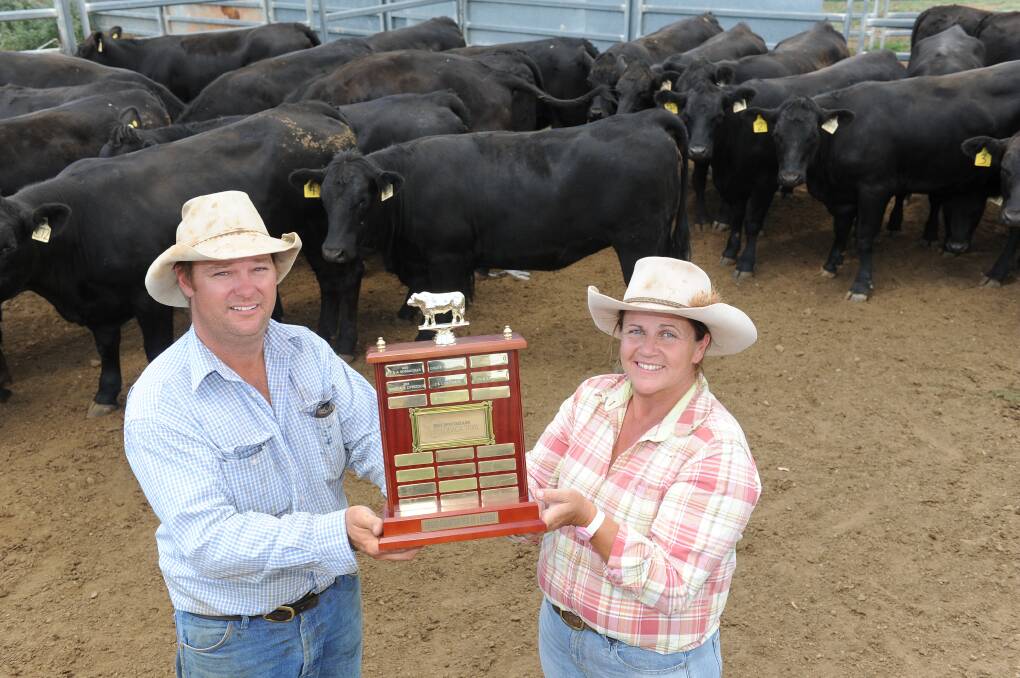 CROSSBREEDING SUCCESS: James and Sal Morse after their first win in the 2015 Beef Spectacular Feedback Trial. The couple uses Wombramurra SimAngus bulls in their commercial operation.