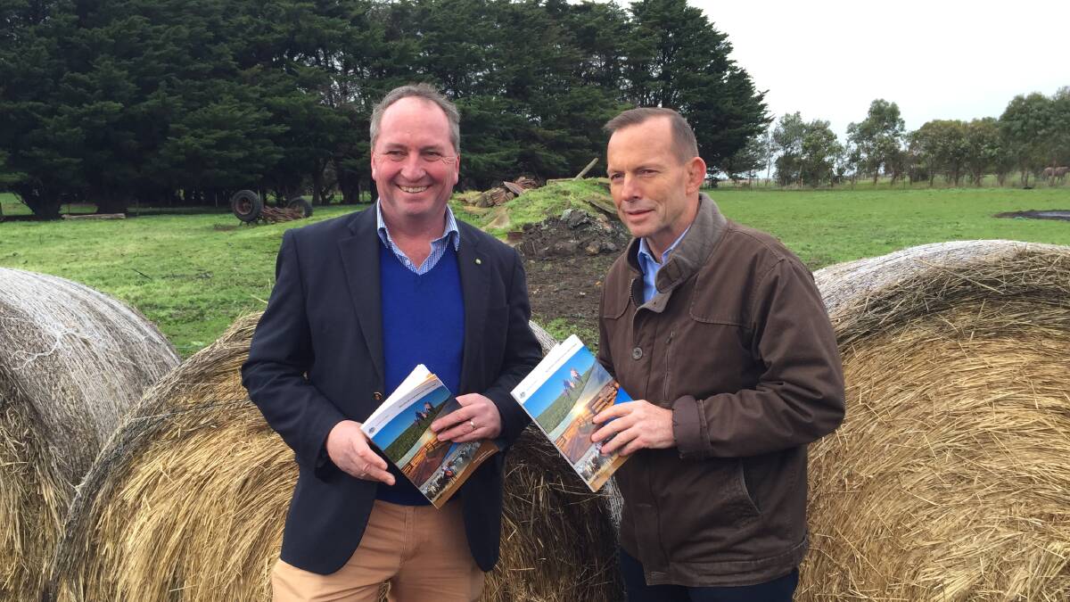 Nationals leader Barnaby Joyce with former Prime Minister Tony Abbott at the White Paper launch last year which unveiled additional drought support measures for farmers.