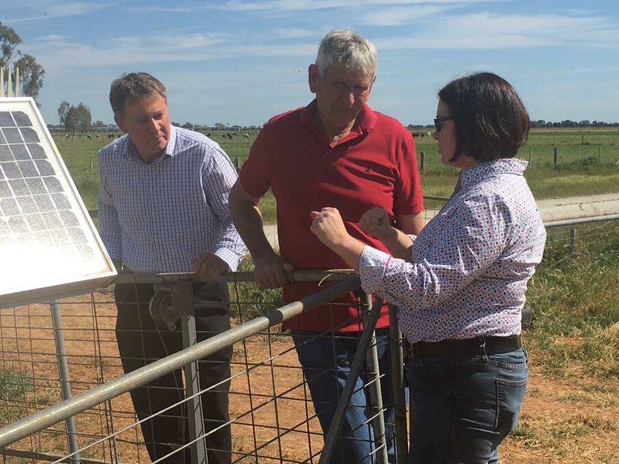 Labor Bendigo MP Lisa Chesters (right) on-farm talking technology and connectivity with local farmers Russell Pell (centre) and Campaspe Shire Council Mayor Adrian Weston (left).

