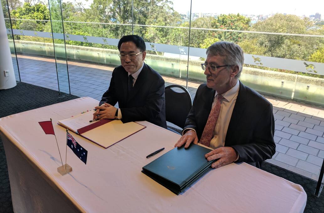China’s Vice Minister Li Yuanping (left) and Department of Agriculture and Water Resources Secretary Daryl Quinlivan at the high-level dialogue meeting in Sydney today.. Picture supplied.