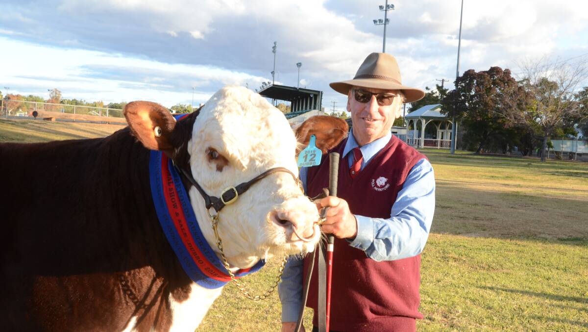 Allan Morgan, Morganvale Herefords, Keith, SA, with his EU Index performance class winner, Morganvale Naughton which sold for $20,000 to Checkers Pastoral Company Pty Ltd, Checkers, Cargo.