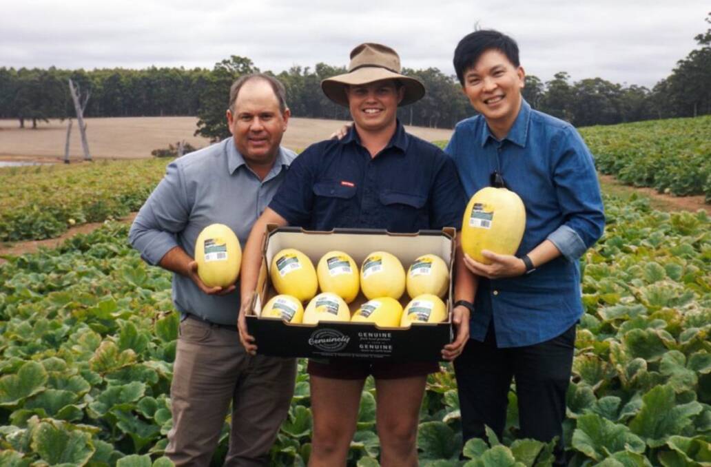 READY: Morning Glory Farms owner, Bevan Eatts with son Ewan, and DiMuto founder and chairman, Gary Loh at the farm in Western Australia. 