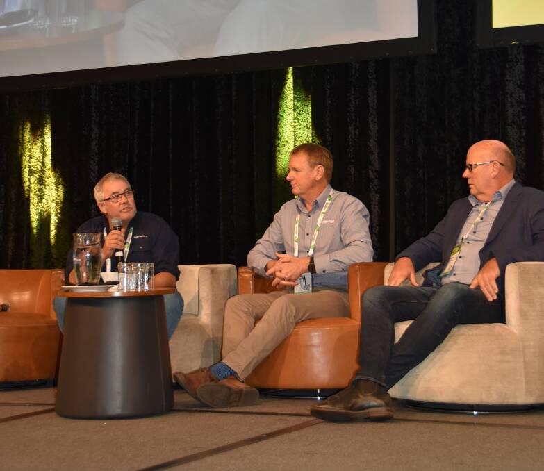 STILL GOING: Mark Smith, farm manager, Darwin Fruit Farms, NT with Gavin and Stephen Mackay, Mackay Farming Group, Tully, Qld, during the Australian Banana Industry Congress panel session on living with Panama TR4. 