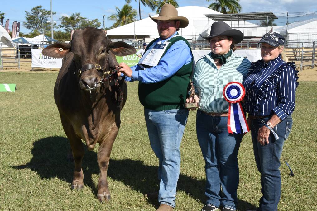 Russell Kidd jnr, Maple Downs Murray Greys, Atherton with holds Greyman grand champion bull Maple Downs Triumph, with Maddie Brockhoff, executive officer, Murray Grey Beef Cattle Society, Armidale presenting the trophy and Marilyn Hansen, Shell-Dee Murray Grey stud, Kingaroy. Picture by Ashley Walmsley