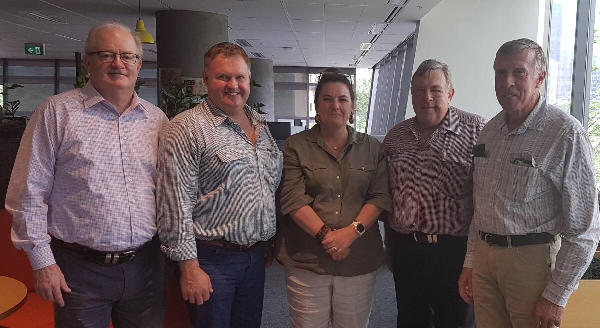 Brendan Wade with NLRS market reporters Mick Kingham, Charters Towers, Sherrill Stivano, Roma, Trevor Hess, Dalby, and Richard Thomson, Rockhampton, at the Sydney conference.