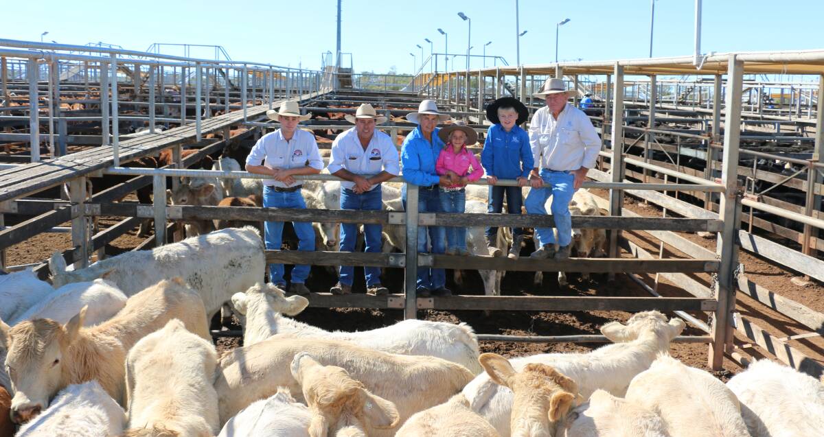 PJH agents Cameron Finemore and Steve Goodhew with Geoff and Nardine Lucas, Gungarry, Ballaroo and their grandchildren Keira and Rhylee. Geoff and Nardine sold Charolais cross steers to 328c, topping at $980, av $903.