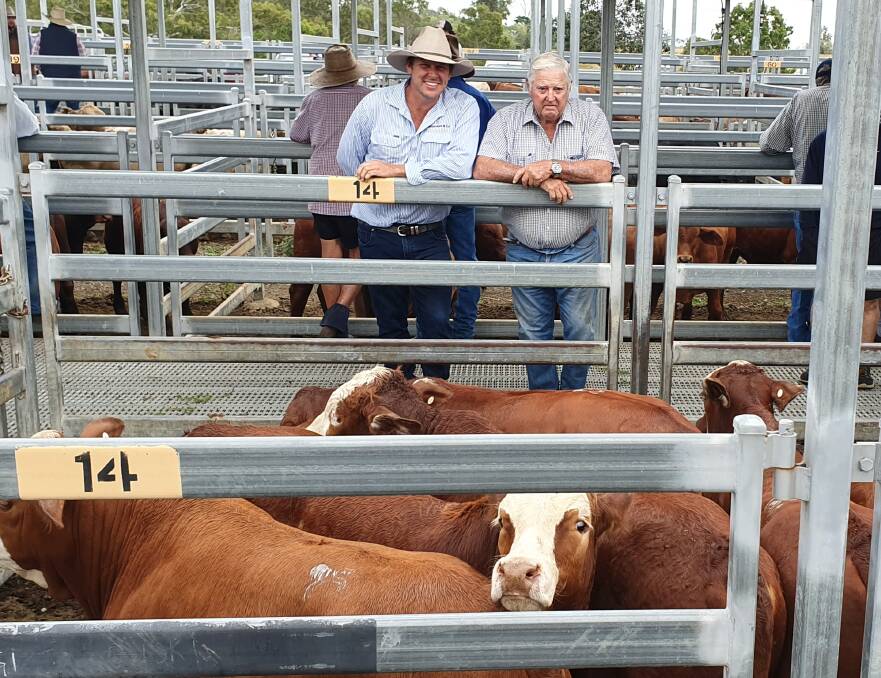 Nick Bischoff, Bartholomew & Co, with Lance Look, Look Enterprises, Boyland, who sold Droughtmaster cross weaner steers for $1620 at Beaudesert.