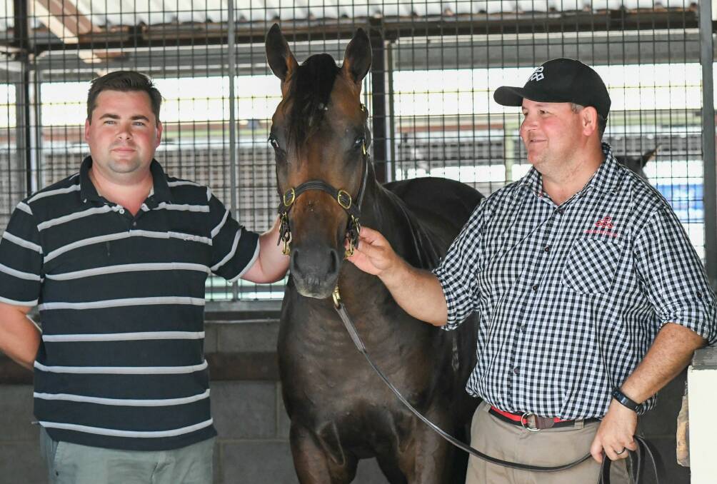 Top price at the 2020 Magic Millions was $1.9 million paid for this Deep Impact/Honesty Prevails colt. Pictured are Sydney trainer Richard Litt (left) and Arrowfield groom Adam Shankley (right). Picture: Magic Millions
