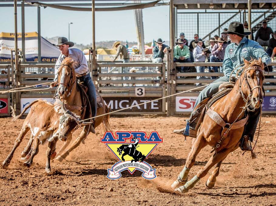 FINE FORM: Jace Land, pictured roping with Chris Cameron, was the most successful open cowboy at Mt Isa. Picture: Cherie Ryan