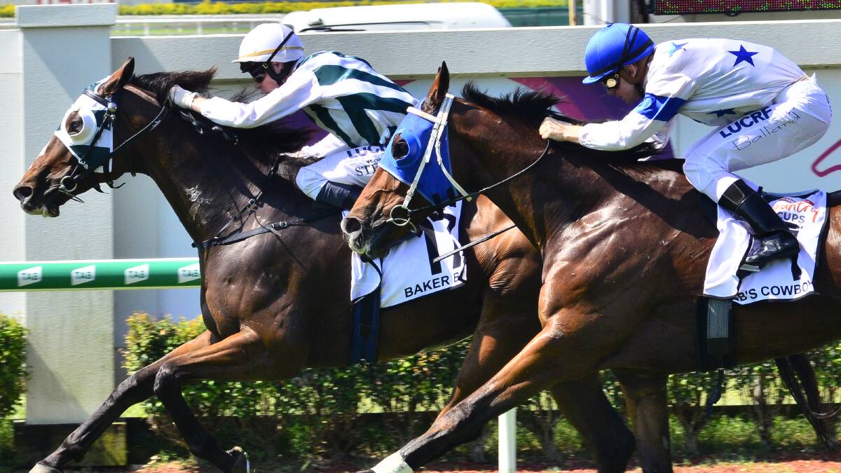 Evergreen galloper Fab's Cowboy (blue blinkers, blue cap) ridden by Dan Ballard runs a gallant second to Baker Boy (white blinkers, white cap) ridden by Ron Stewart in the 2018 Country Cups Challenge final at Doomben. Fab's Cowboy has now won 37 races on country racetracks. Picture: Racing Queensland