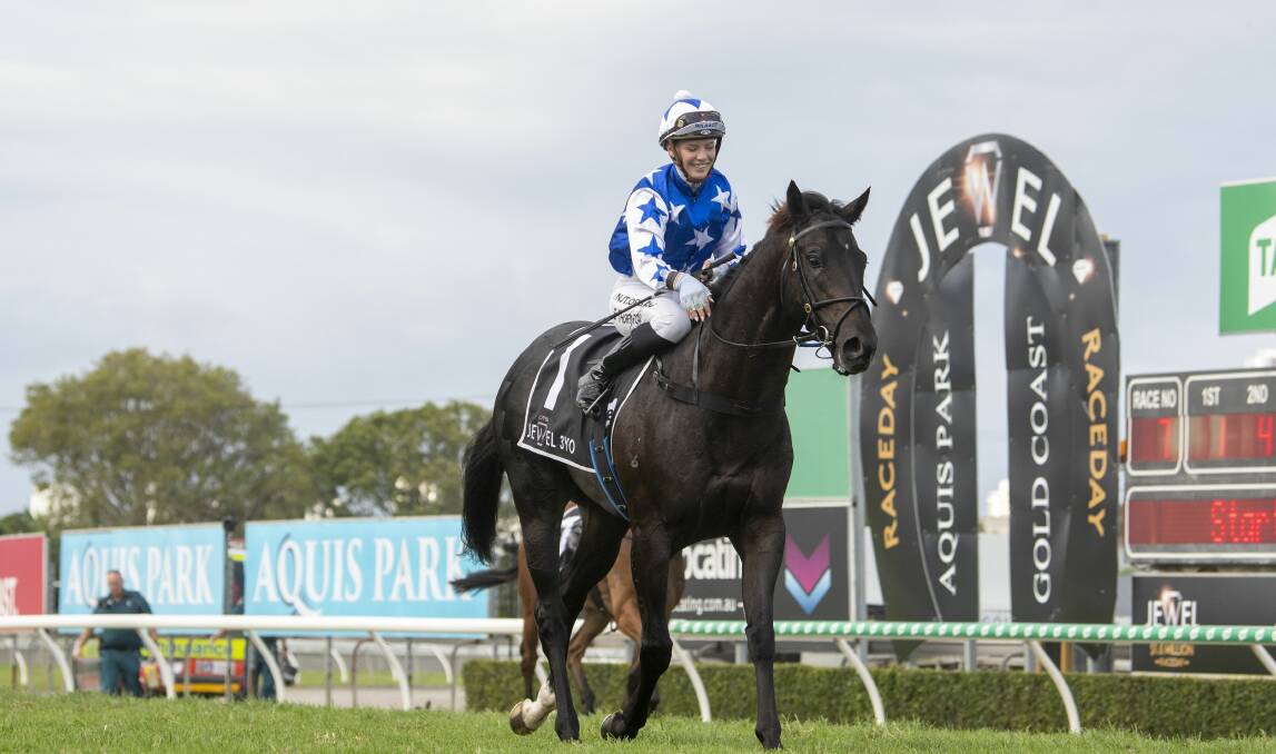 The Odyssey ridden by Stephanie Thornton returns to scale after winning the 3YO Jewel at the Gold Coast. The 3YO colt has now won both the 2YO and 3YO Jewels. Picture: Racing Queensland
