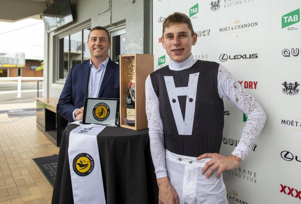 Brisbane trainer Tony Gollan has become the first in Queensland to crack 100 metropolitan winners on a season having won a treble at Doomben last Saturday all ridden by Gollans non-claiming apprentice Baylee Nothdurft. They are pictured after winning the Listed The Phoenix with 2YO filly The Actuary. Picture: Racing Queensland
