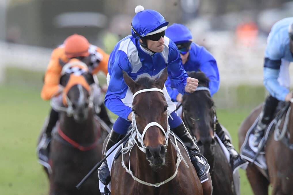 Hugh Bowman rides Winx to victory in the Winx Stakes at Royal Randwick on August 18. (AAP Image/Simon Bullard) 