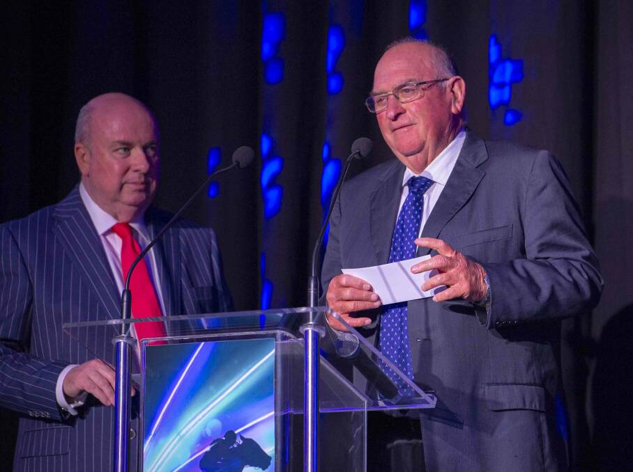 TBQA president Basil Nolan (right) pictured at recent Queensland Thoroughbred awards function with Radio TAB race-caller and compere David Fowler.