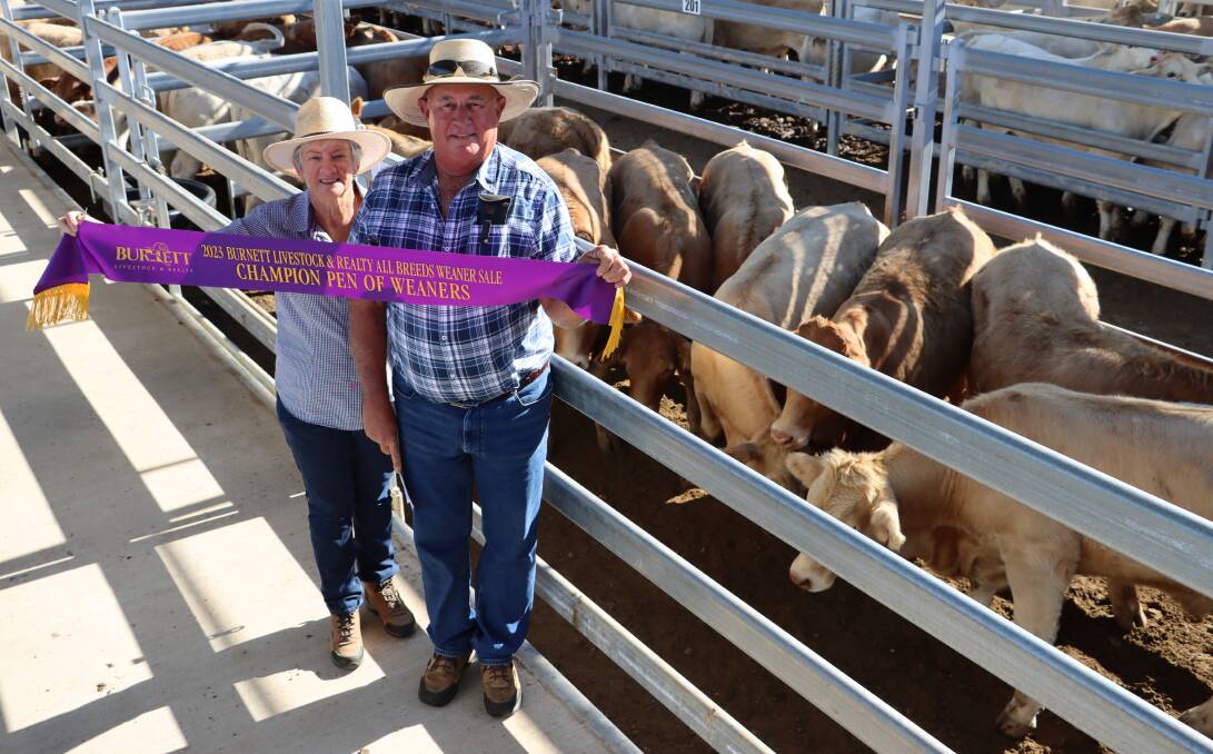AL & SM Fowler, Coalstoun Lakes, with the Champion pen of weaners sired by Clare Charolais bulls. The pen of Charolais infused steers made 398c or $1451. Picture supplied