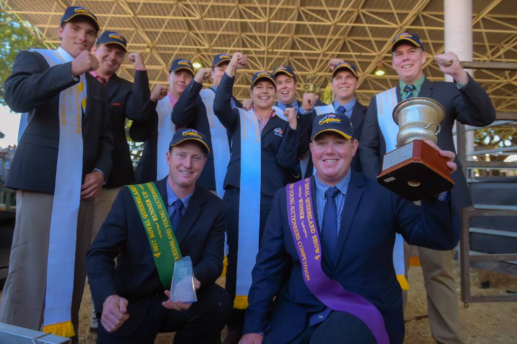 Finalists in the ALPA Young Auctioneers Competition at this year's Ekka with winner and runner-up  Nick Shorten from Roma and Andrew Carcary, Blackall showing off their trophies.
