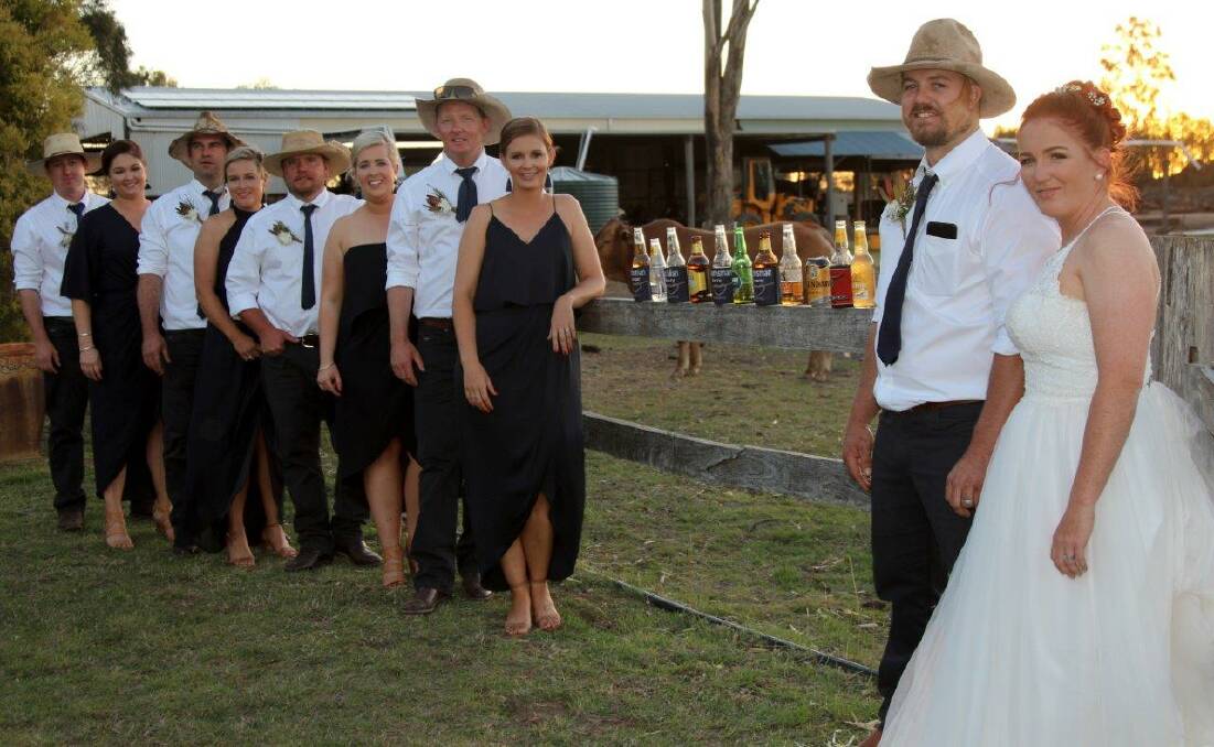 The bridal party, from right to left, Sarah and Brody Johnstone, Justine West, Rowan West, Jessica West, Tom Brown, Jamie Bennett, Brent Bennett, Kiah Johnstone and Sam Harrison.
