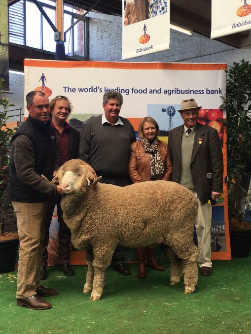 Rob Sullivan Greenfields,  Courtney Sutherland,  Max and Heather Wilson, Wilgunya Dirranbandi  with their $31,000 purchase at the Adelaide Show and Ram Sale, and Jim Sullivan Greenfields.