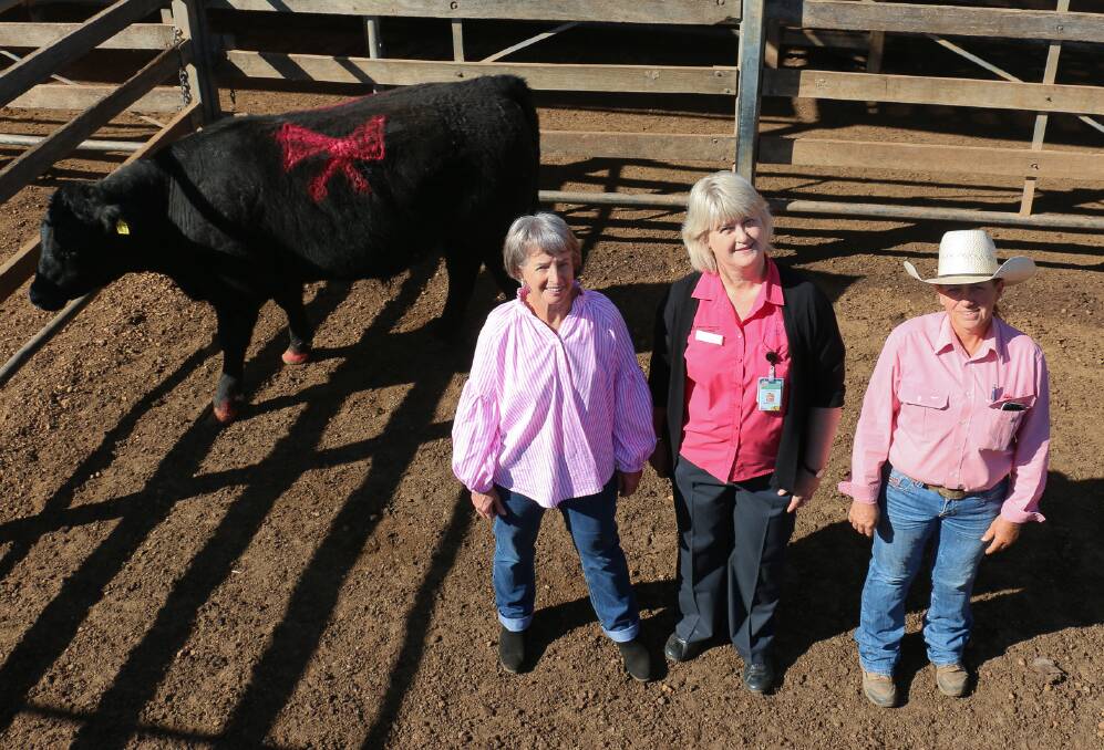 Vendor Maria Ridge, McGrath Breast Care Nurse Lisa Bowman and Elders Roma agent Shirley Ayers with the McGrath Foundation steer which sold for 386c/kg reaching $2008. Proceeds from the sale of the steer will be donated to the McGrath Foundation.